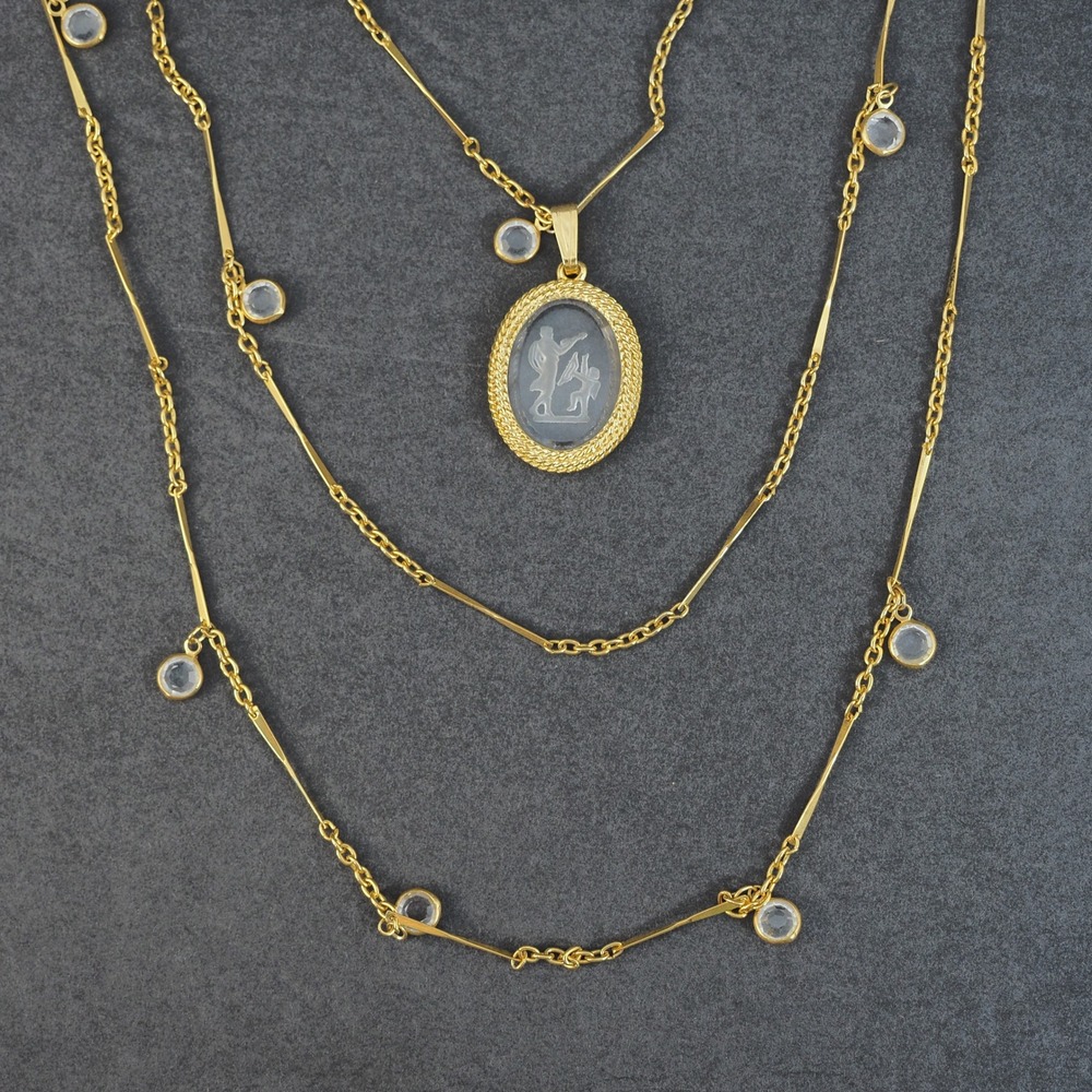 Goldette NY Necklace Triple Strand Clear Bezel Intaglio Pendant Gold Tone MCM